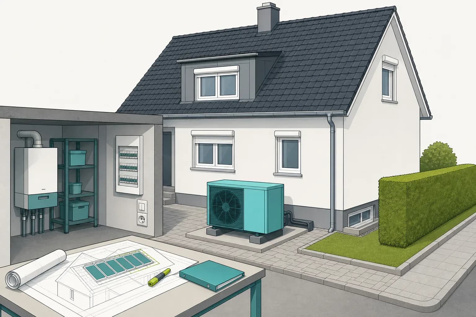 Wärmepumpen-Außengerät an der Grundstücksgrenze in Hessen; Monteur erklärt GModG-Pflichten und Optionen wie Solarthermie und Lüftungsanlage