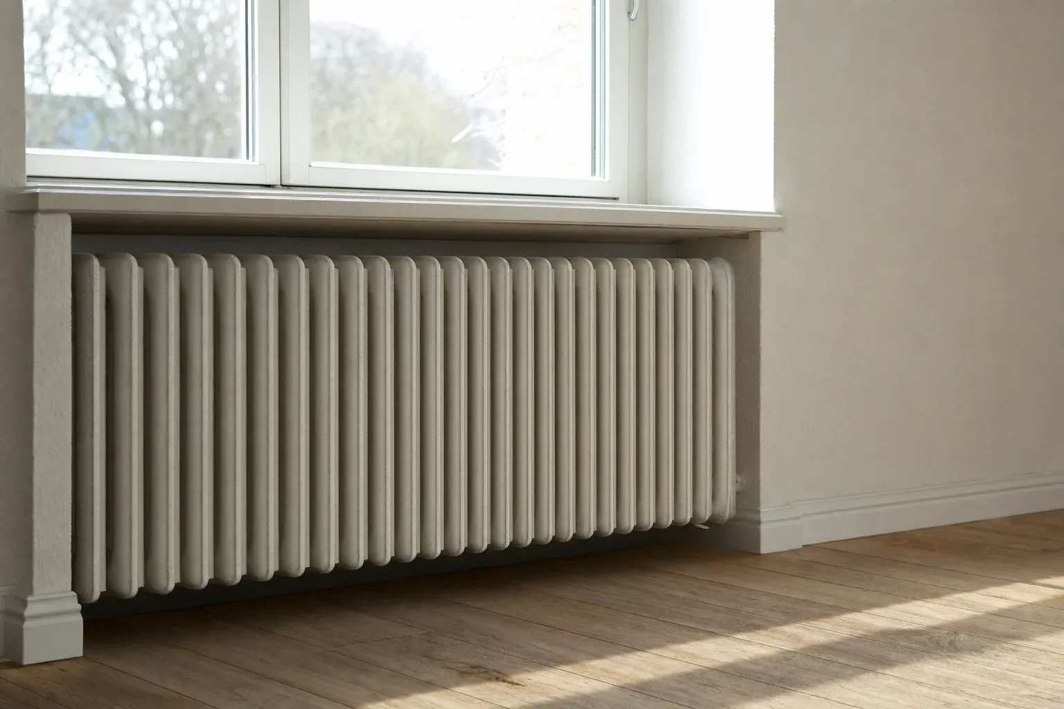Langer gusseiserner Rippenheizkörper unter einer Fensterbank in einem Altbau, seitlich beleuchtet, ohne sichtbares Ventil oder Thermostat.