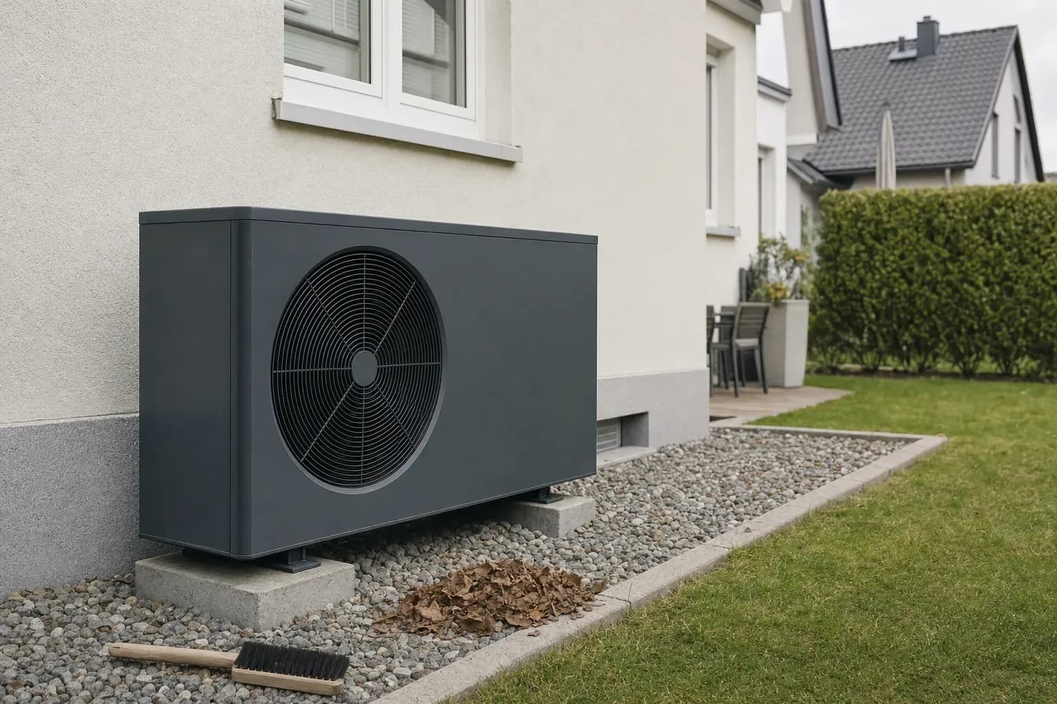 Außengerät einer Wärmepumpe an der Hausrückseite mit kleinem Laubhaufen und Handfeger auf dem Kiesbett, schräg im hellen Vormittagslicht fotografiert.